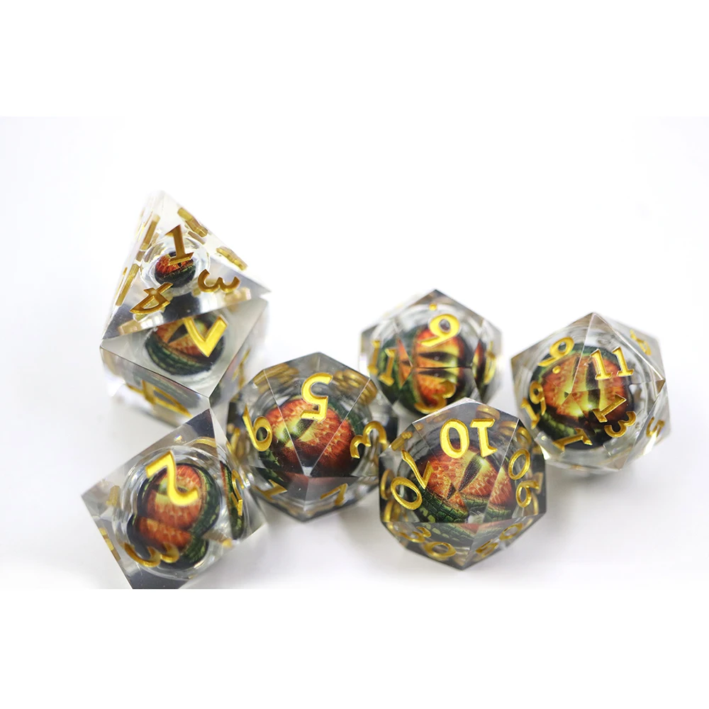 Custom Resin Dice 7pcs DND sharp Edge Red Dragon Eye Ball Core Dice Set with Gold Number