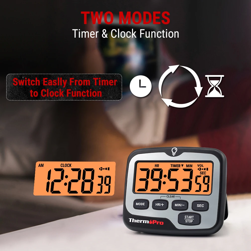 ThermoPro TM01 Kitchen Timer Digital Cooking Timer with Large LCD Display Big Digits Alarm Volume Adjustable Timer Clock Multifunctional Backlit