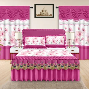 5 Piece Quilted Bed Skirt Set with Ruffled Lace Trim and Luxurious Embroidery Complete with Matching Curtains