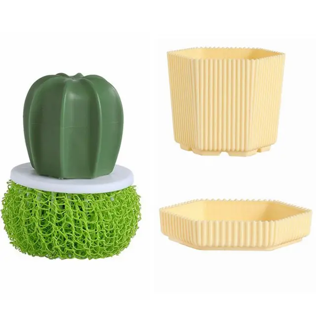 Cactus Shaped Cleaning Brush With Storage Stand Kitchen Cleaning Scrubbers for Dishes Pans