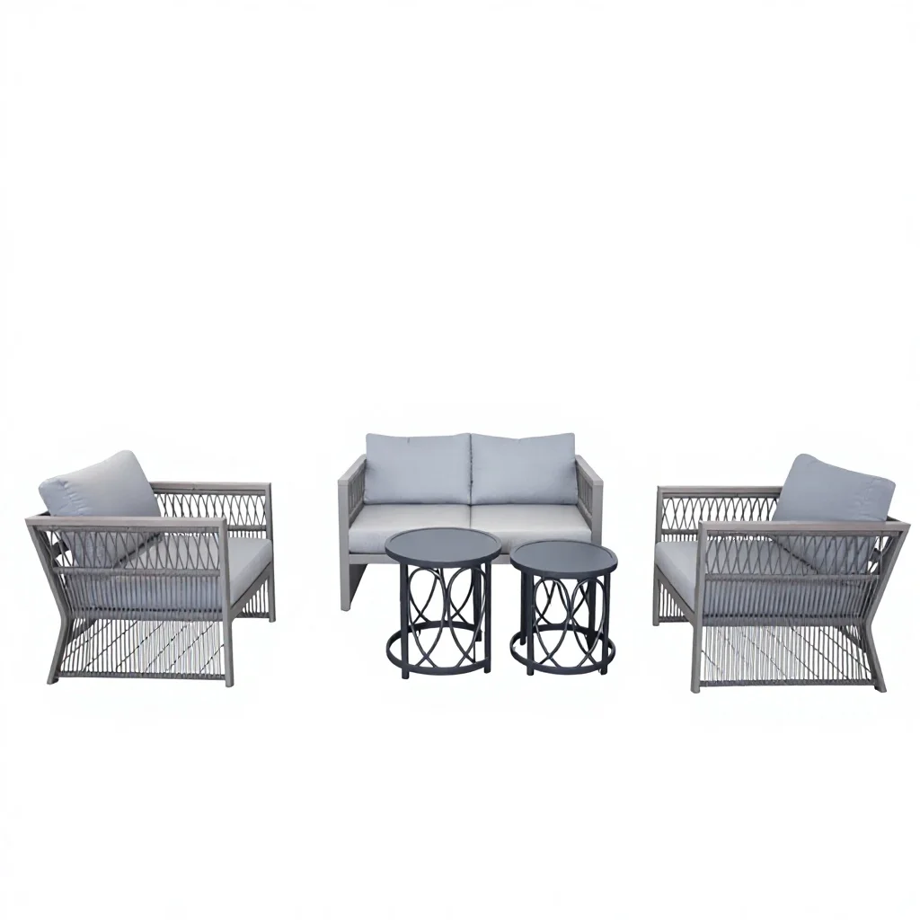 Modern Gray Woven Rattan-Style Outdoor Lounge Set 2-Seater Sofa, 2 Armchairs & 2 Metal Accent Tables, Perfect for Patio