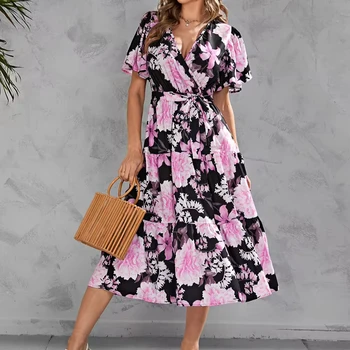 Ainidan Spring Summer Casual Dresses Empire Waistline Breathable Long Skirt Oversize Beach Cardigan Pink Lace Knee-Length Letter