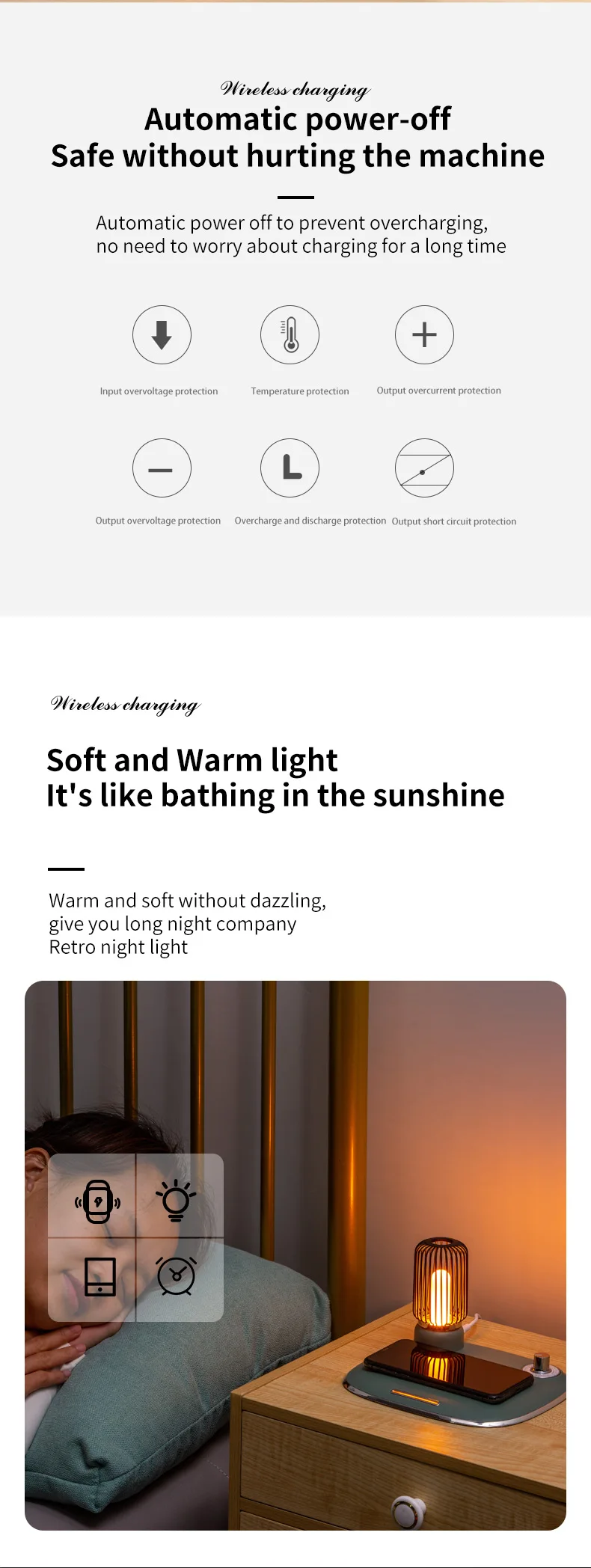 2-in-1 Adjustable Bedside Table Rotating Switch 15W 10W 7.5W 5W Wireless Phone Charger Amber Light Lamp Multi-Function