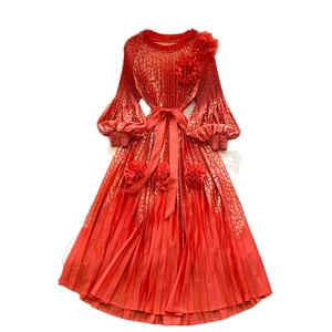 Customize Spring Fairycore Casual Woven Digital Printing for Pleated Midi Dress for Women Lantern Sleeve Empire 3D Printed Lace