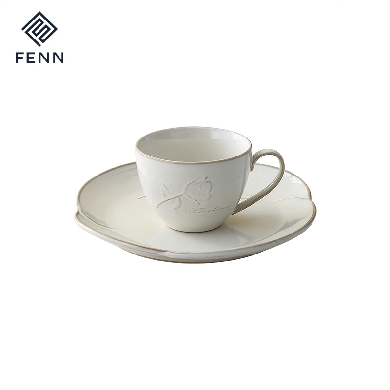 Contemporary Reactive Gray Glaze Elegant Embossed Rose Flower Ceramic Tea & Coffee Cup with 8-Inch Dessert Plate