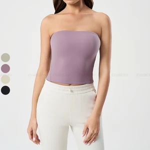 Women's Sexy Strapless Off-Shoulder Athletic Workout Tops Double-Lined Bandeau Bra Tank Top Medium Length Summer Yoga Crop Top