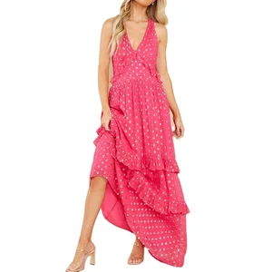 Custom High Quality Summer Causal Elegant V-neck  Multi Layer Slip Backless Sexy Slimming Sequined Polka-dot Ruffle Maxi  Dress