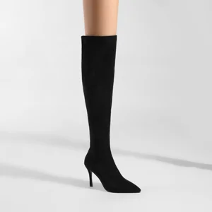 Moncheer Women's Stretch Suede Stiletto Over Knee-High Boots Ultra Slim Pointed Toe Design Thigh High Boots