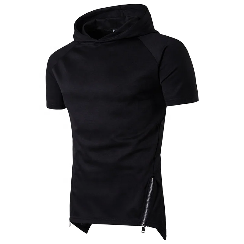 JL0429D Unique Cut Double Zip Pullover Short Sleeve Hooded Sweatshirt Short Sleeve Hood Shirts for Men
