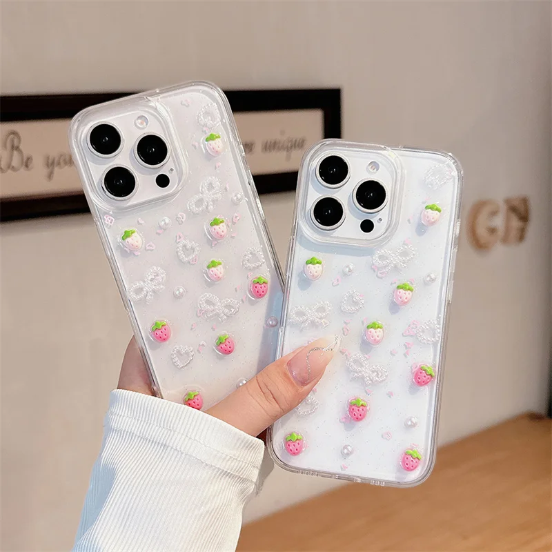 3D Cute Pearl Bow Strawberry Cases for iPhone 16 Pro Max 15 14 13 12 11  Phone Case Soft TPU Transparent Cover Girls Gift