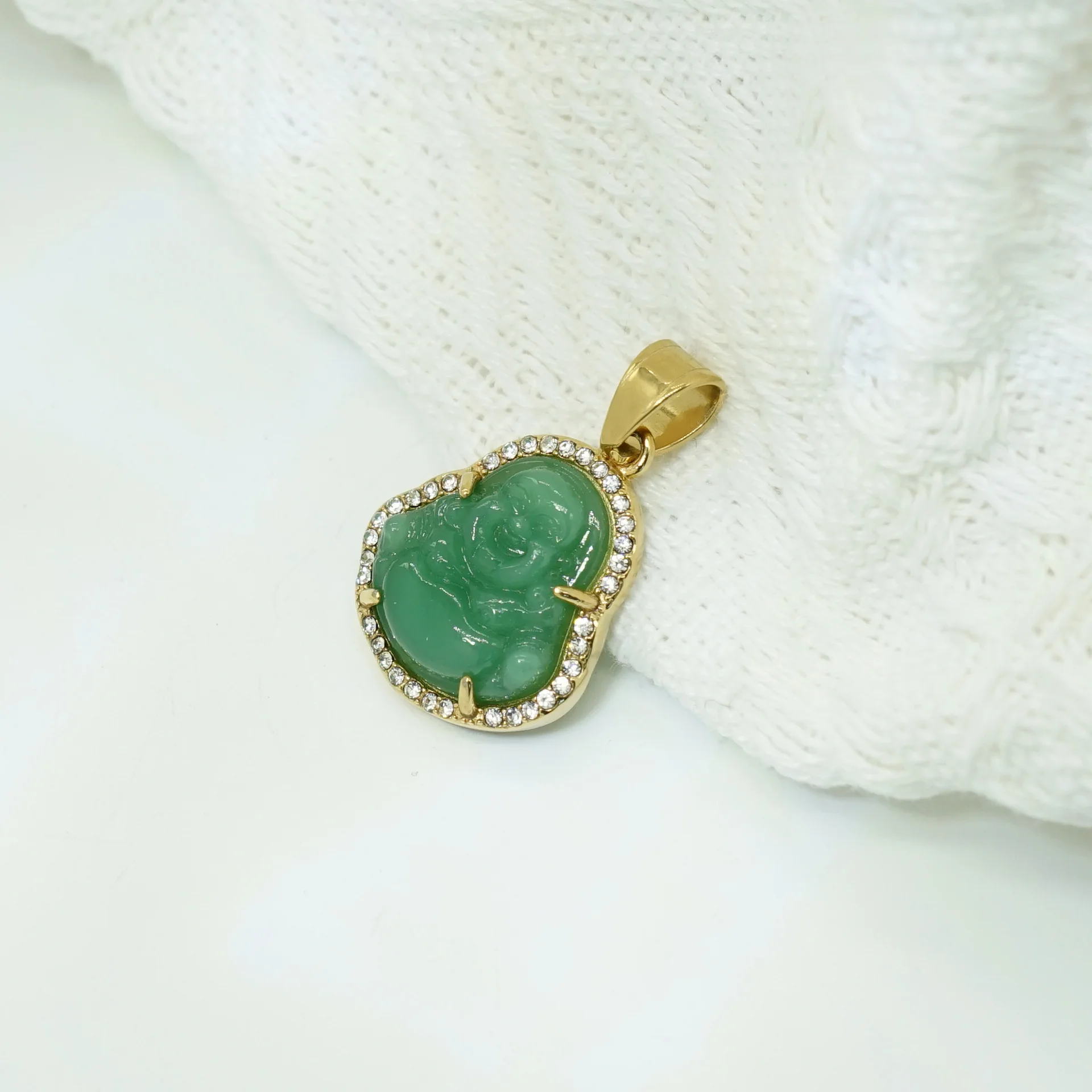 Green Jade Pendant 18K Gold Stainless Steel Iced Out Bling Cubic Zirconia Laughing Buddha Necklace