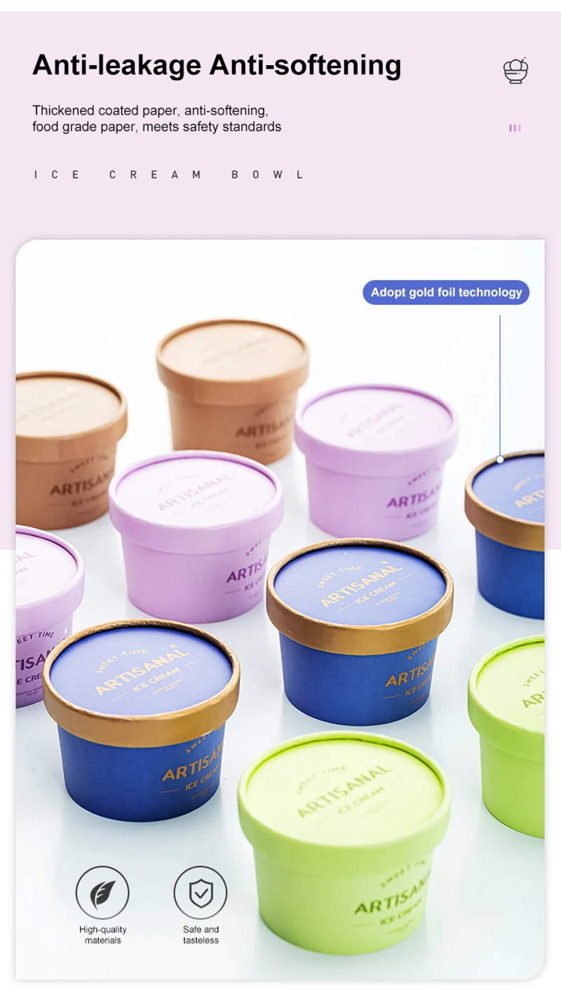 Disposable Customized Logo Ice Cream Cup Frozen Yogurt Gelato Bowls 3/4