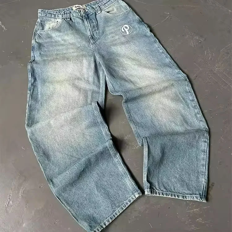 OEM Custom New Fashion Embroidered Streetwear Jeans Men's Straight Boys Baggy Jeans Acid Wash Vintage Plus Size Jeans for Men gallery 5