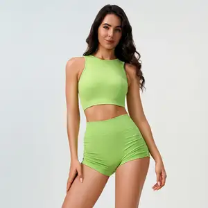 Sexy Sleeveless Cross Back Tank Top Ribbed Soft Ribbed Seamless Scrunch Yoga Shorts Simple Gym Fitness Work Out Sets for Women