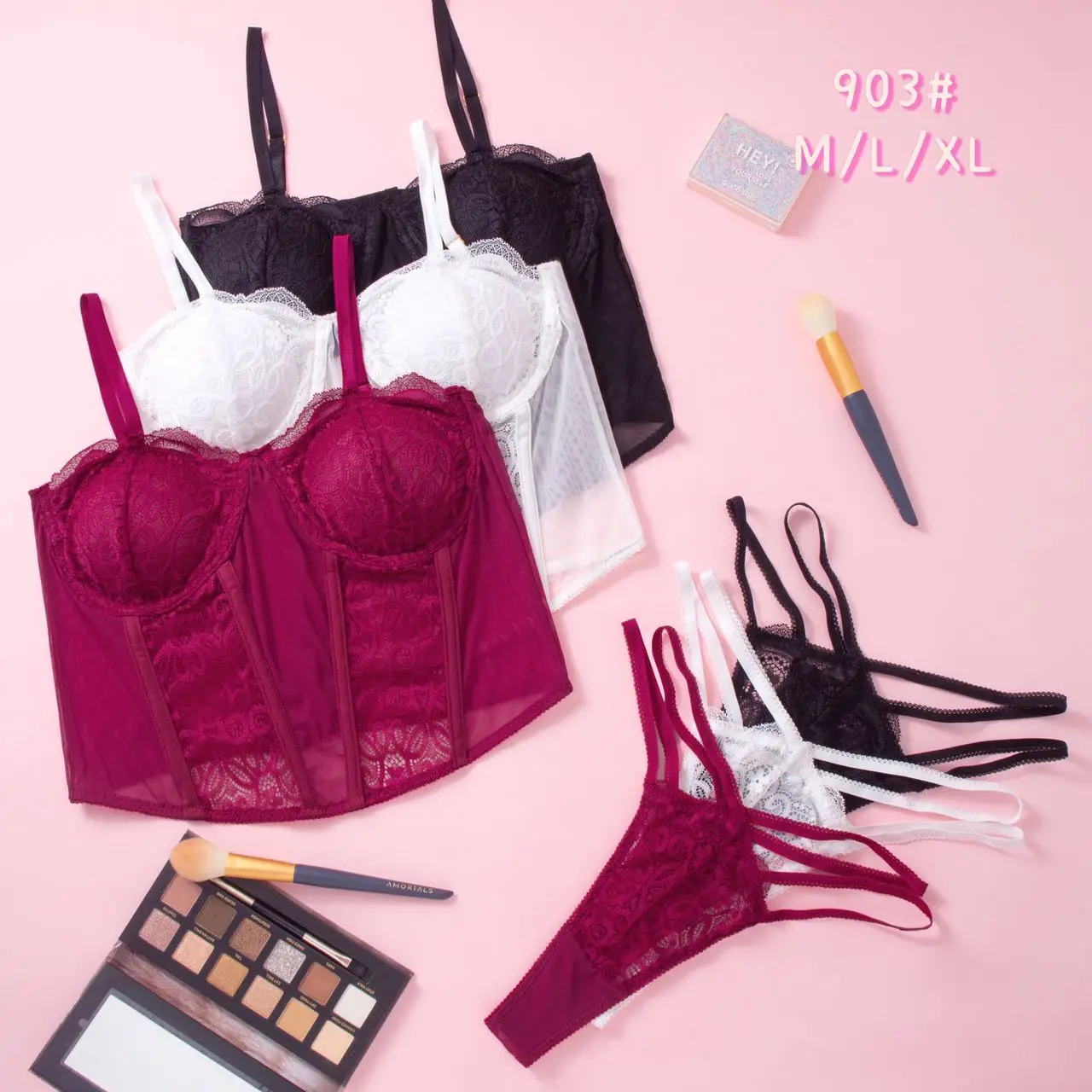 Sexy Transparent Vest Back Button Strap Girl Lingerie Top Bikini Adjustment Hollow Out Lace Tube Bra Set Thong Panties for Women