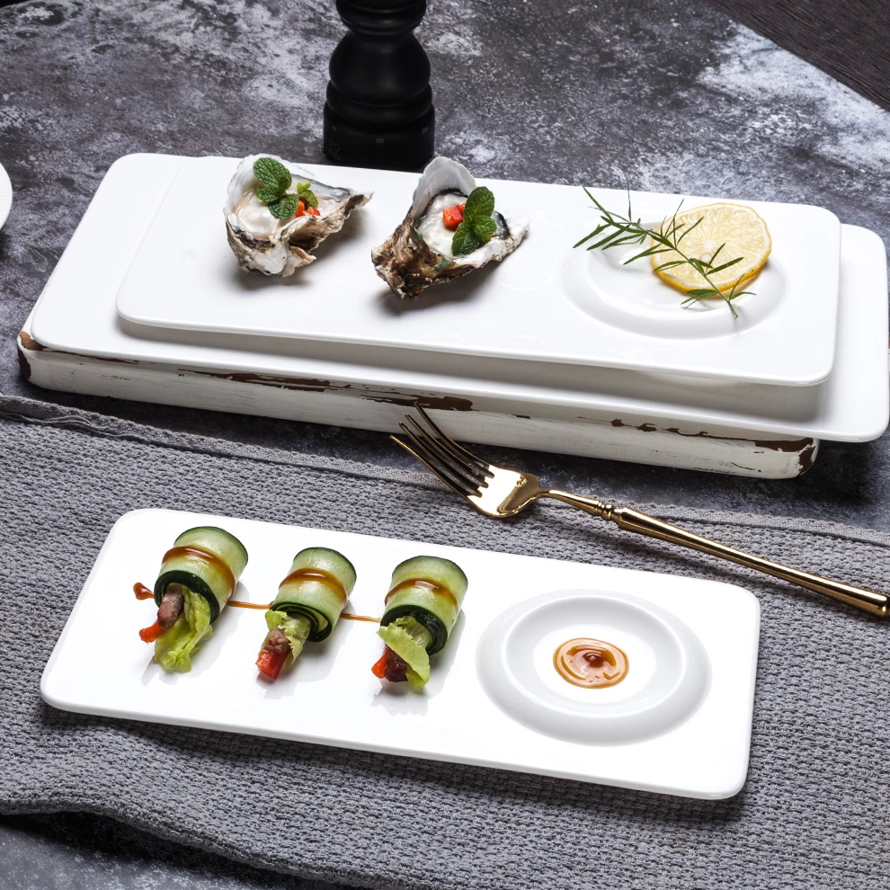 Weiße Lange Rechteckige Mit Untertasse Porzellan Japanische Dessert Teller