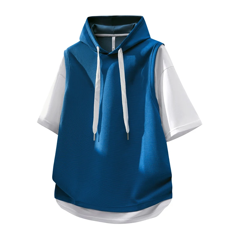 Waffle knit hooded short-sleeved T-shirt/shirt combo, 100% polyester breathable patchwork casual streetwear men's top.