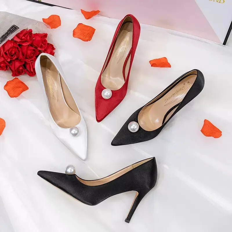 Ladies Bride Shoe Pointed Toe Stiletto Wedding Shoes Set Big Size White Lace Pearls 8 Cm Heel Women