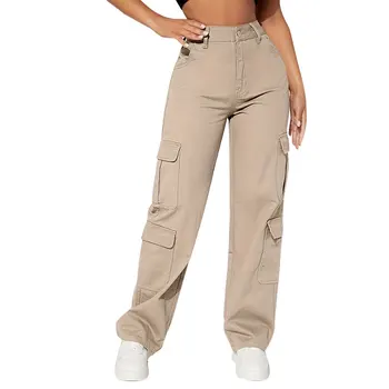 Premium Design Women Long Cargo Pants Light Color Loose Casual Breathable pockets Pants Straight Trousers