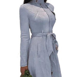 Women Fashion Coat Jacket Medium Long A-line Casual Suede Slim Solid Zipper Windbreaker