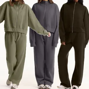 Full Zipper Solid Color Stand Neck 2026 Autumn Active Wear Oversized  Pullover Sweatshirt Hoodies and Sport Pant Women Tracksuit