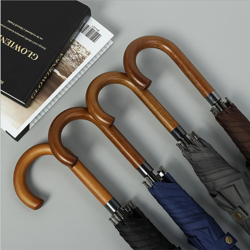 Branded Auto Open Wooden J Handle Stick Golf Umbrella with Custom logo