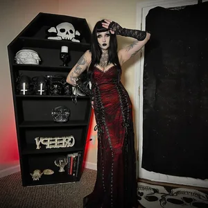 Gothic - Style Sleeveless Corset Dress with Chain Decorations and Studs, Long Skirt for Women