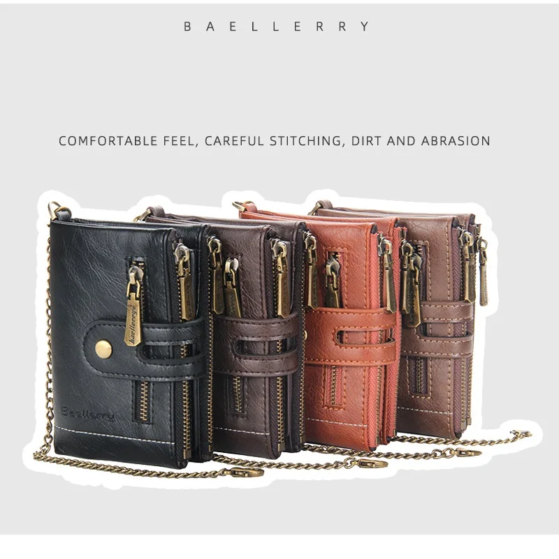 Baellerry 2021 New Wholesale Short Style Double Zipper Wallets With Chain for Men,Male Coin Purse Card Wallets Case Wholesale