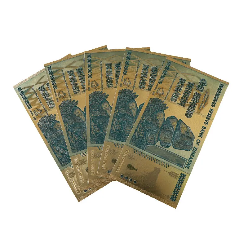 High Quality Plastic Craft Colorful Print Zimbabwe 100000000000000 Play Money 24k Gold Foil Plated Banknote