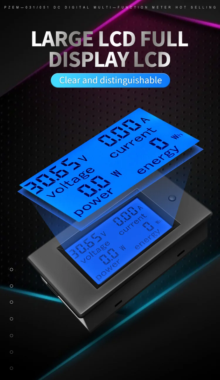 PEACEFAIR PZEM-051 LCD DC 6.5-100V Digital Power Energy Voltage Current Meter With Built-in 50A Shunt – Battery Monitor With Overload Alarm