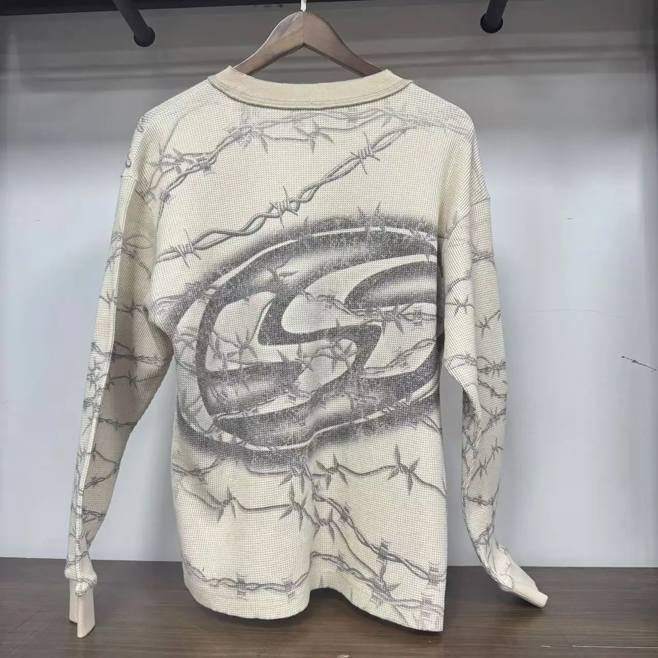 Custom Drop Shoulder Waffle Graphic Print Thermal Double Layered Collar Distressed Streetwear T-shirt Cropped t Shirts Men gallery 2