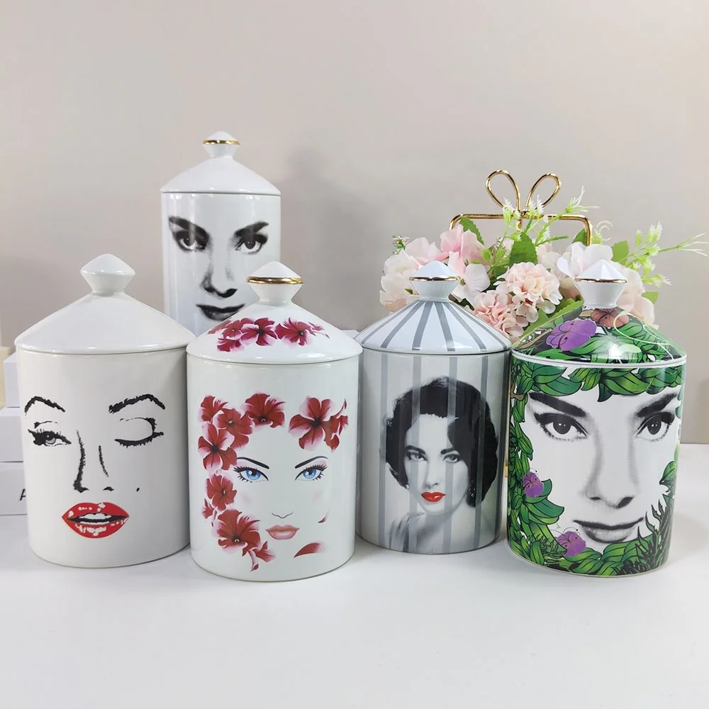 Wholesale Custom Printed Lady Face Luxury Ceramic Scent Candle Holder Container Jar with Lids envases para velas details