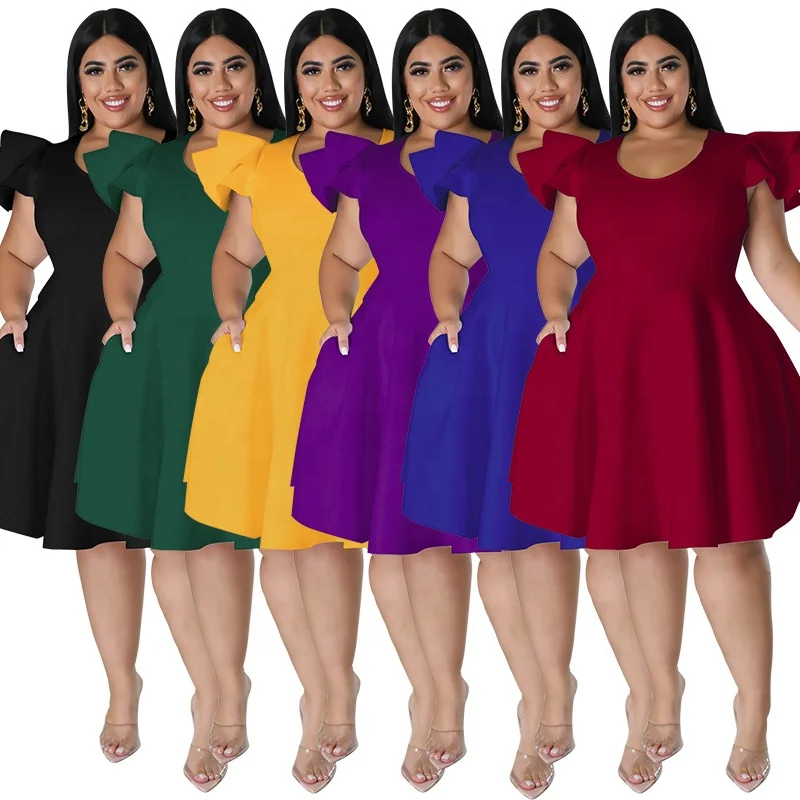 Ready to Ship Elegant Party Flared Sleeve Side Pocket Knee Length Plus Size  Aline Dress for Women Cocktail