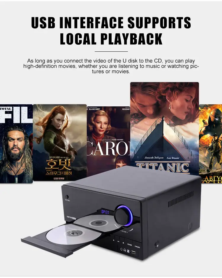 Classical Black Home Theater cd Player HI-FI System FM Radio Remote Control BT CD Player