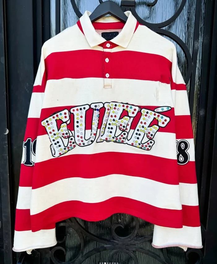 Wholesale Custom Unisex Oversized French Terry Cotton Rhinestone Stripe Cropped Long Sleeve Polo t Shirts for Men manufacture