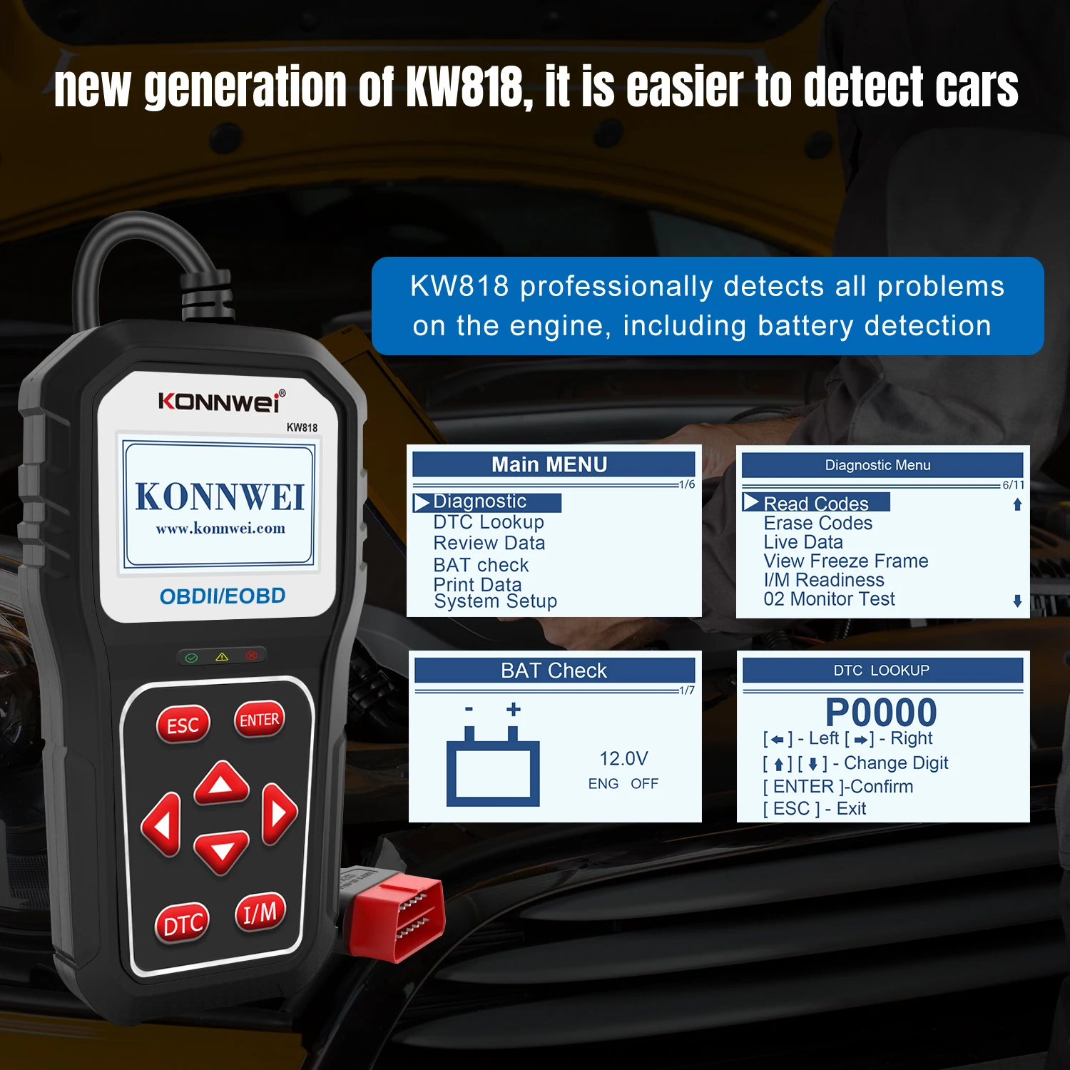 KONNWEI KW818 Car Fault Code Reader - Diagnose 07e8 & P0000