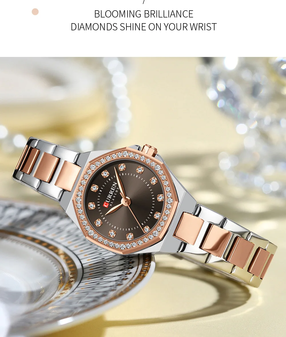 CURREN 9100 Female Stainless Steel Strap Quartz Women's Luxury Elegant Simple Diamonds Ladies Watch Waterproof Luminous Watches