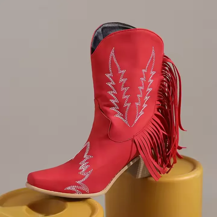 Big Size Western Ankle Boots Square Toe Pu Leather 6cm Heel Women Cowboy Boots With Fringe - Image 6