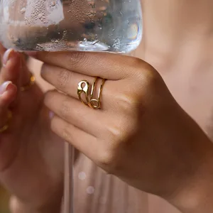 MW Women's 18K Gold-Plated Stainless Steel Minimalist Double-Layer Hollow Paper Clip Adjustable 316l Stainless Steel Rings