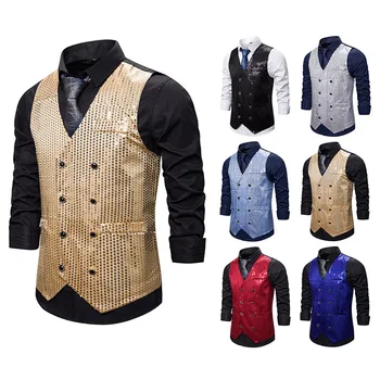 Men's Sequins Formal Business Slim Fit Chain Dress Vest Suit Tuxedo Waistcoat