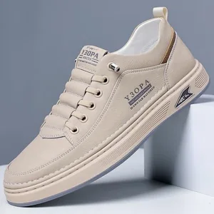 Men's New Little White Lace-Up PU Breathable Casual Platform Soles Comfortable Everyday Versatile Sneakers