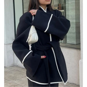 Factory Direct Black Contrasting Striped Short Jacket Elegant Belt Suit Blazer Jacket Female Blazers Ladies Women