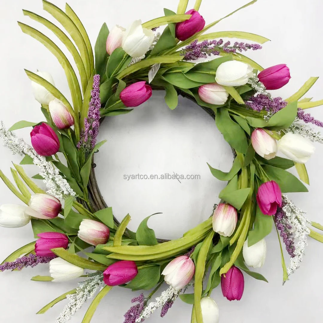 Custom Spring Artificial Flowers Home Decor Silk Tulips Flower Artificial Summer Wreath for Front Door Decor