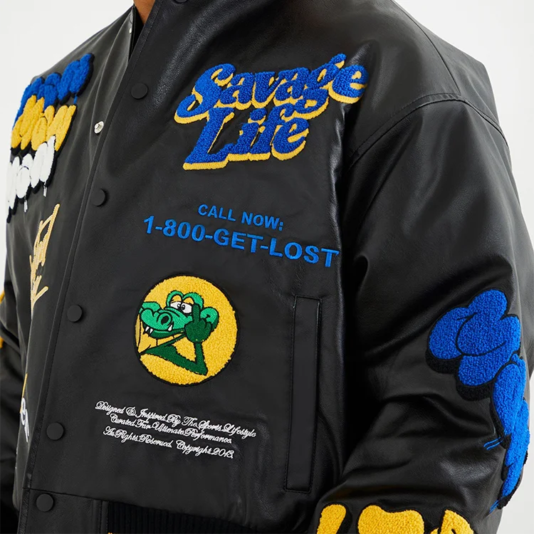 Black Pu Leather Baseball Men Multi Badge Chenille Embroidery Varsity Jacket men_voghion.com