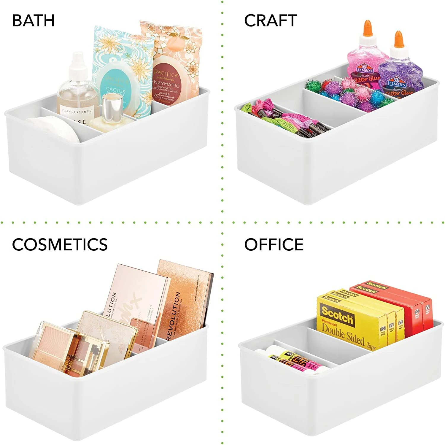 Confezione Da 4 Contenitori In Plastica Bianca Per Scaffali – Organizer Da Cucina, Dispensa, Bagno E Ufficio – 34x9.5x14.5 Cm