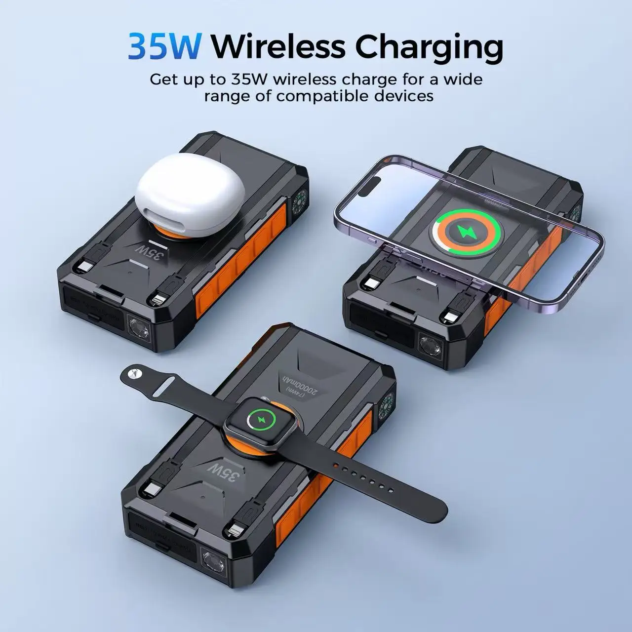 Portable Solar Charger 20000mAh Fast Charging 35W Power Bank with Wireless Charging and LED Flashlight