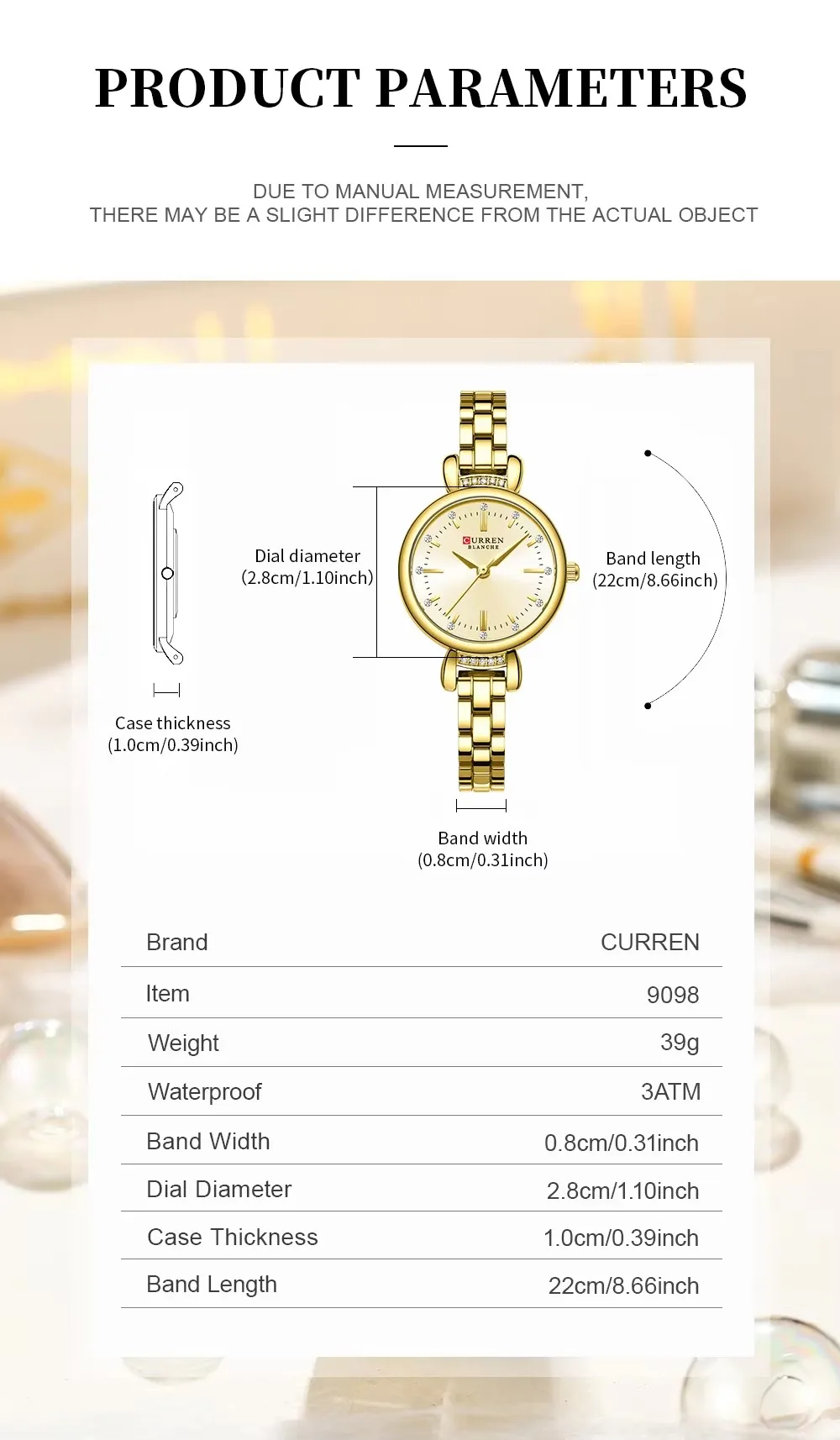 CURREN 9098 Gold Women's Waterproof Quartz Watch