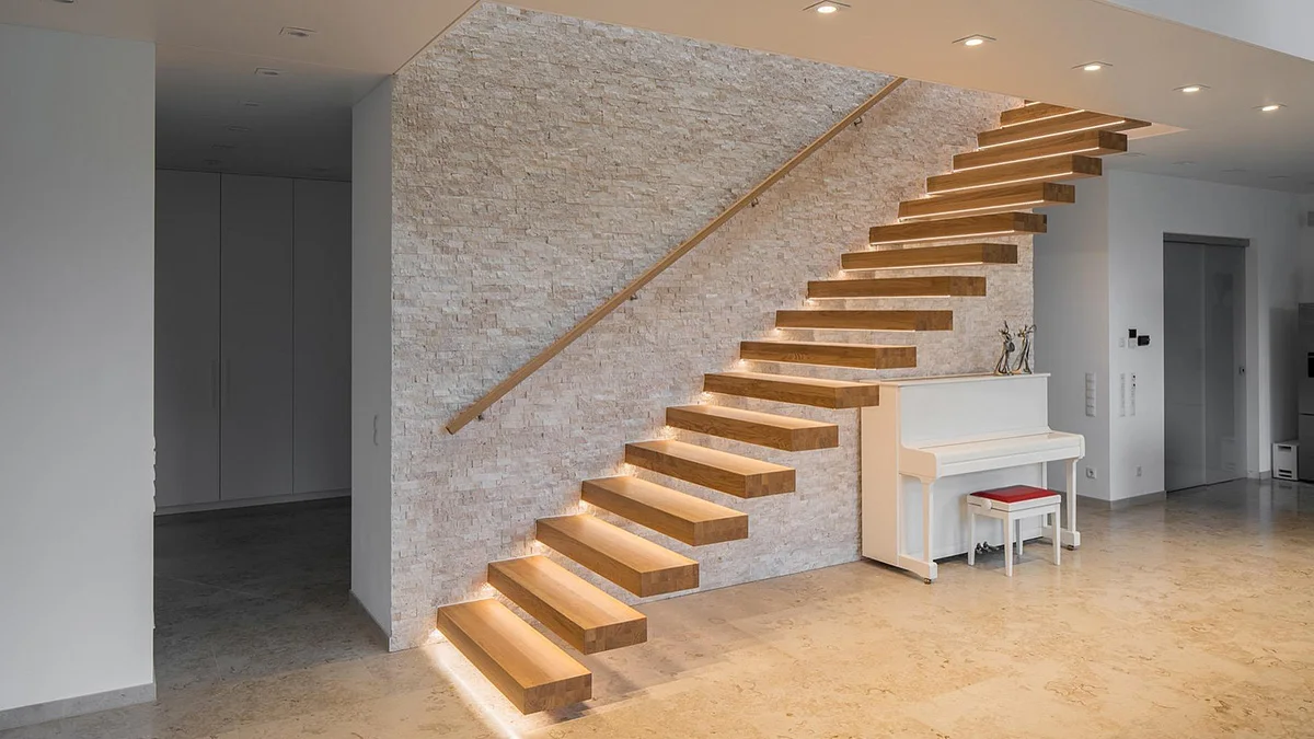 Fancy design floating embedded steel stringer white oak tread with led lights cantilever stairs with railings supplier