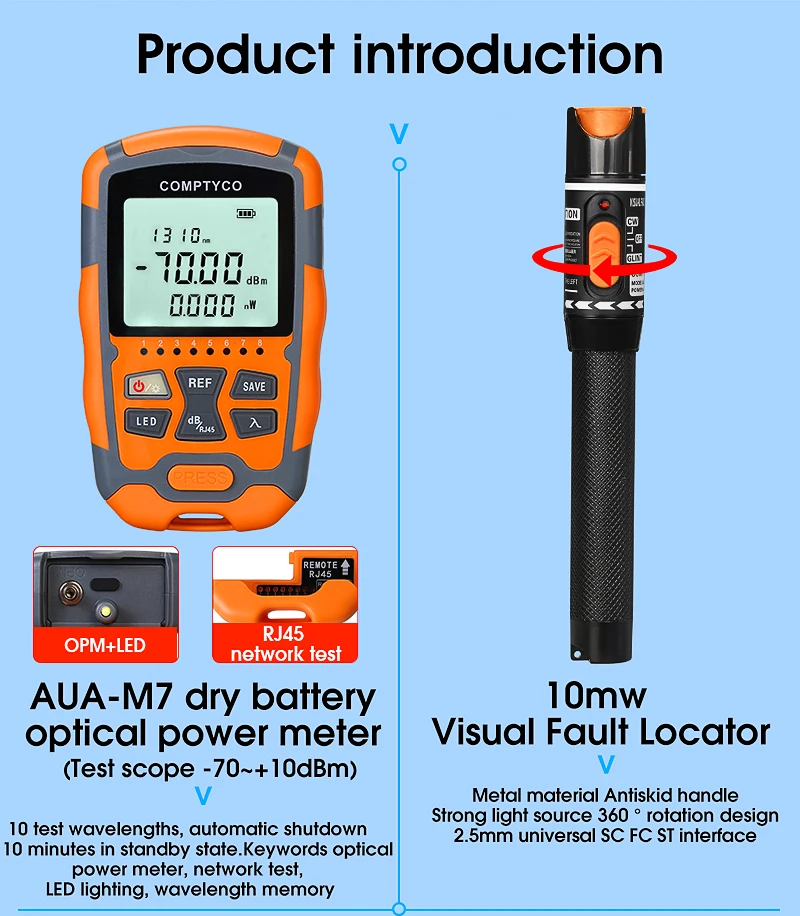 COMPTYCO AUA-M7 cable tool set Optical fiber cutter Optical power meter -70+~10dbm Visual fault locator Optical fiber tool kit factory