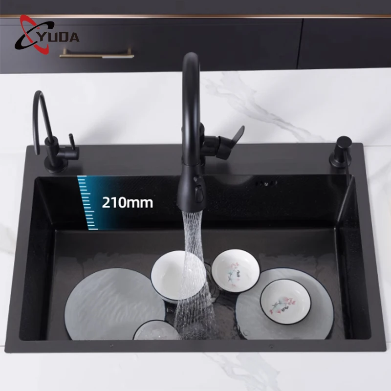 Multifunction Workstation Waterfall Kitchen Sink Topmount Kitchen Sink Single Bowl Black Handmade Kitchen Sink
